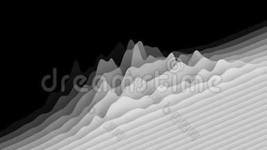 在黑色背景上起伏的白色层形成极简主义的地形表面。 抽象<strong>CG动画</strong>循环.. 3d